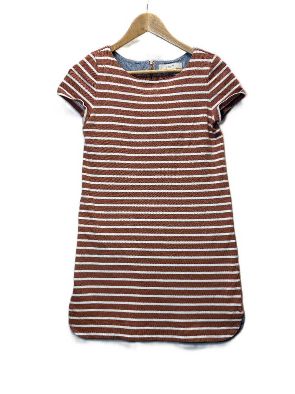 LOFT Ann Taylor Dress Womens XS Rust White Striped Short Sleeve Knit Casual Mini